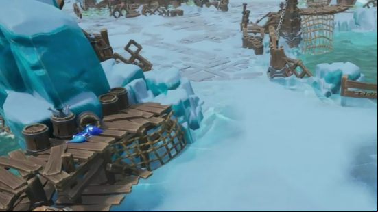 A snowy harbor area