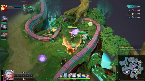 A group of heroes fighting in a green area with a brick boundary and a tree