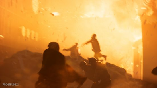 A city on fire as shadowy people throw fire bombs