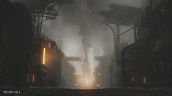 An industrial city with a huge smoking chimney in the centre