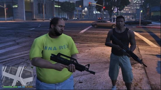 Best GTA 5 mods - two men with assault rifles standing on an intersection. One has a yellow gang t-shirt on.