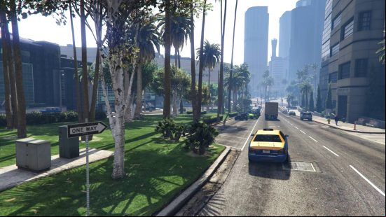 A view of a road with some cars and palm trees in the GTA V Remastered Enhanced GTA 5 mod.