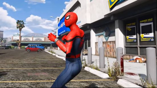 GTA 5 mods - Spider-Man is standing outside a TV store and is ready to fight an off-screen enemy.