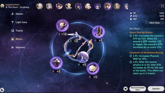 The Honkai Star Rail relics menu in the character customization screen, displaying all six relics equipped to Sushang, her stats, and the corresponding set effects that they unlock.