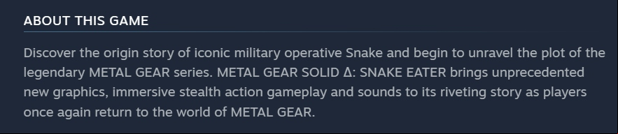 MGS3 Steam: A description of Metal Gear Solid Delta Snake Eater from the stealth game's Steam page