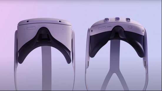 Side on comparison between Meta Quest 2 and 3, showcasing Meta Quest 3's slimmer frame.