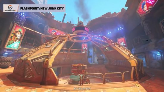 Overwatch 2 Flashpoint map New Junk City - a giant metal dome in the center of a dusty city square.