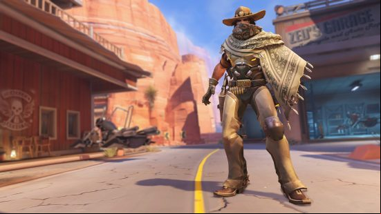 Overwatch 2 characters: a cowboy with poncho, hat, and face scarf.