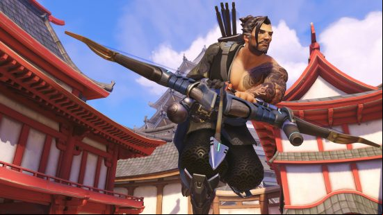 Overwatch 2 characters: a shirtless, tattooed man with long hair runs across a courtyard hold a bow.