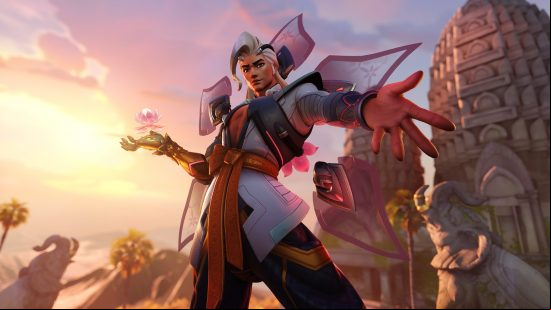 Overwatch 2 characters: a person wearing a white suit, holding a flower and gesturing toward the camera.