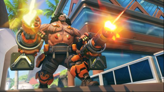 Overwatch 2 characters: a very large, muscle bound man, weilding two miniguns.