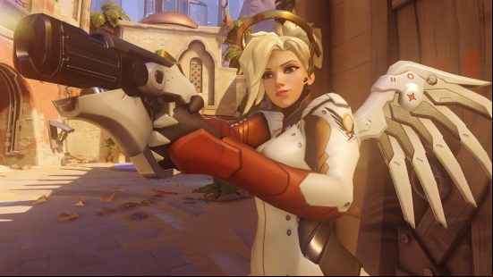 Overwatch 2 characters: a woman dressed in white, with white angel wings, holds a handgun.