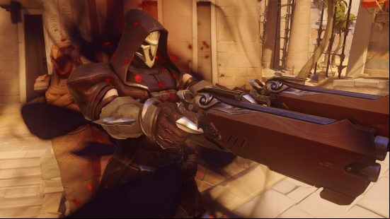 Overwatch 2 characters: a ghostly figure in a hood and skull mask wields two shotguns.