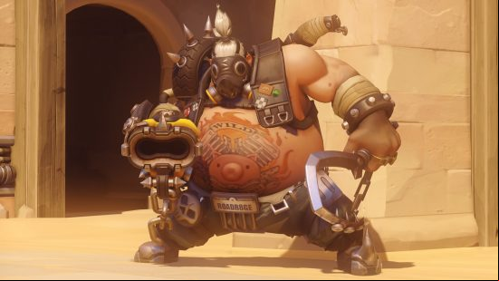 Overwatch 2 characters: a rotund man wearing and gasmask and weilding a large shotgun and hook.