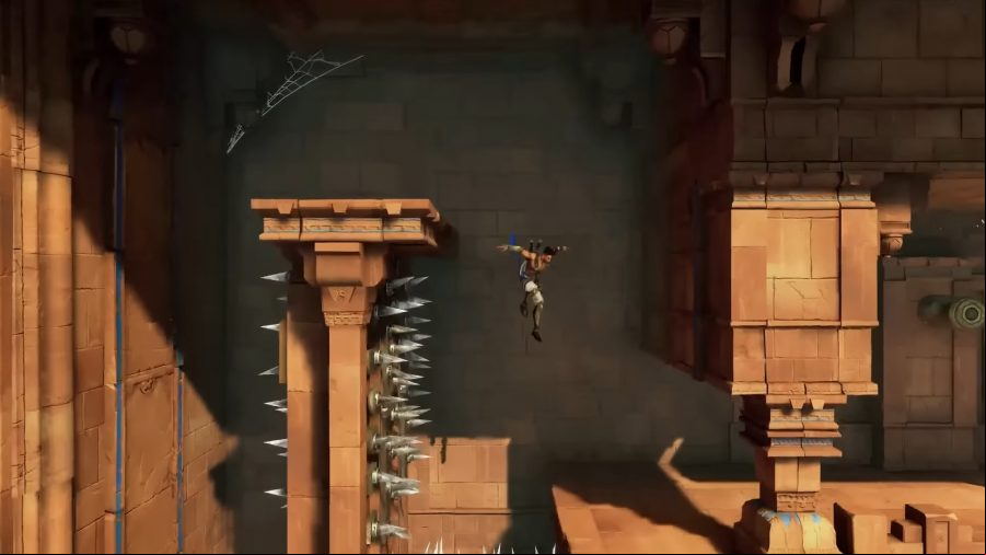 Prince of Persia: The Lost Crown - a man platforms over spiked platforms.