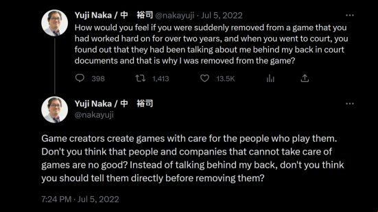 Sonic creator Yuji Naka tweets: "How would you feel if you were suddenly removed from a game that you had worked hard on for over two years, and when you went to court, you found out that they had been talking about me behind my back in court documents and that is why I was removed from the game? Game creators create games with care for the people who play them. Don't you think that people and companies that cannot take care of games are no good? Instead of talking behind my back, don't you think you should tell them directly before removing them