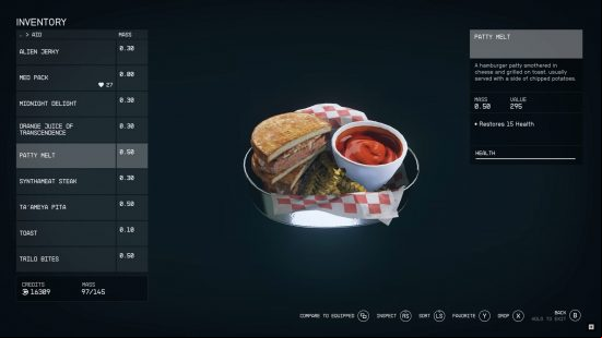 Starfield food: a picture of a patty melt hamburger.