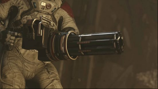 The Microgun is the Starfield guns equivalent of a minigun. The player is wearing a spacesuit as they rev up the gun's rotating barrel.