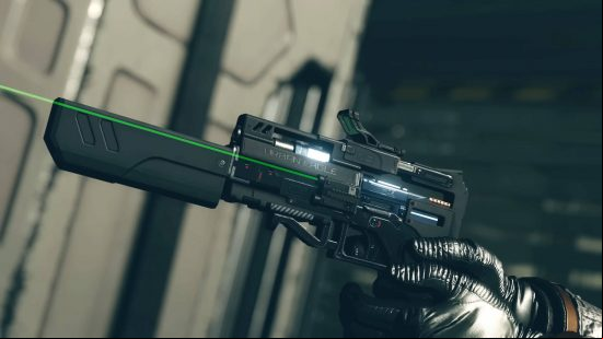 The Urban Eagle is one of the many Starfield guns that can be customized. This one has the Urban Eagle branding on the side, a green laser pointer, and a silencer on the barrel.
