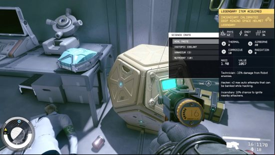 The player is looking inside a hexagonal chest and finds a legendary item filled with Starfield weapon mods. 