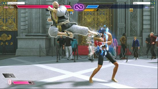 The player character, Oscar Hueman, is fighting a monk named Retsu outside of the Masters Building in order to get one of the Street Fighter 6 World Tour upgrades.