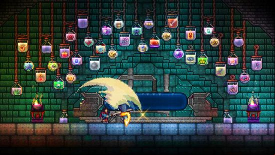 Terraria 1.4.5 update Dead Cells - a screenshot from lead developer Andrew 'Redigit' Spinks showing a recreation of the Dead Cells jar room in the 2D sandbox game.