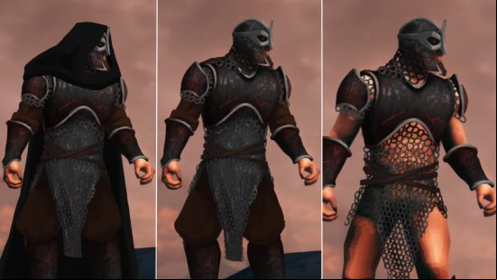 Valheim Ashlands armor - three concepts, for flametal plate armor with chainmail and cloth undergarments.