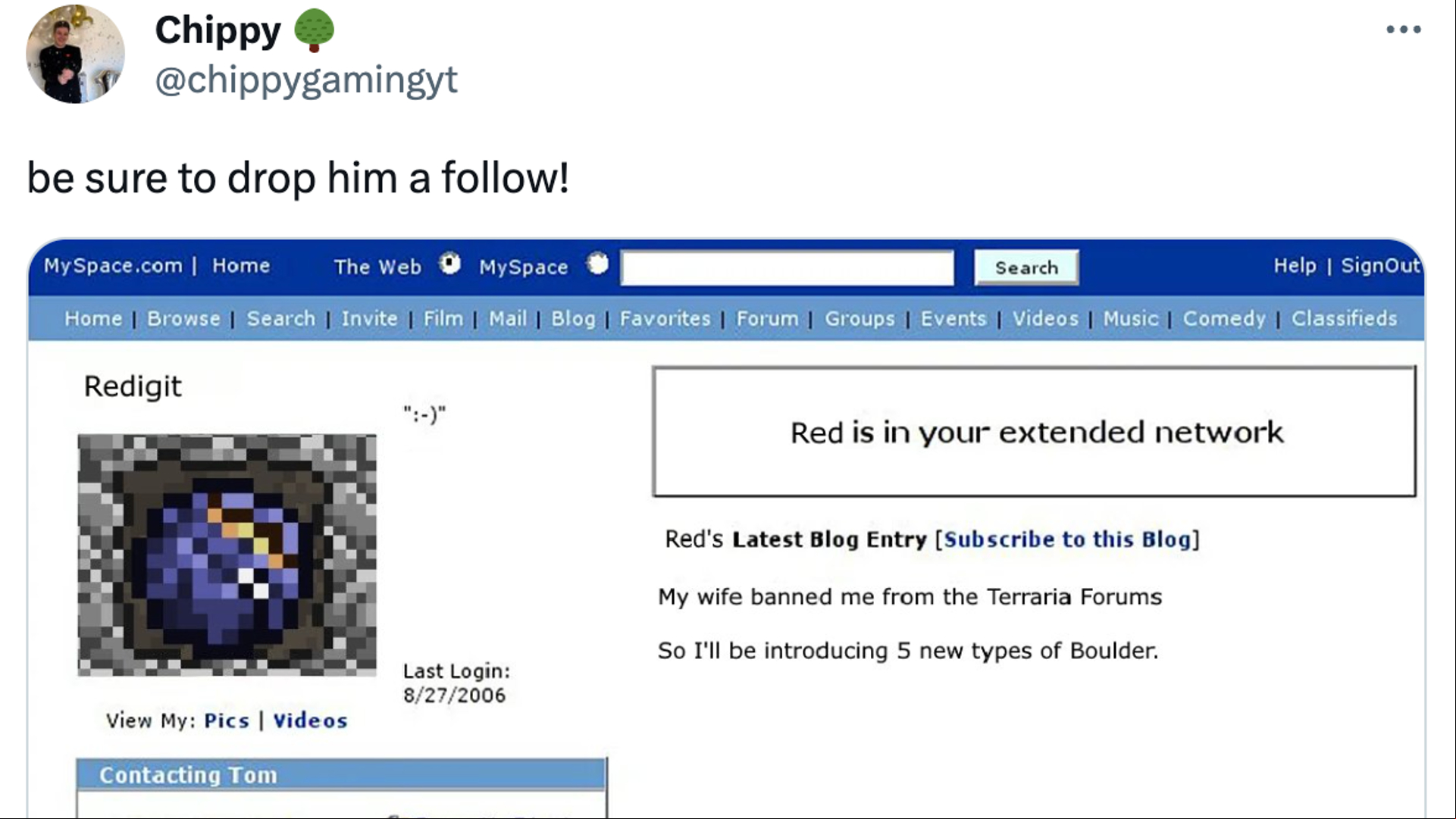 Chippy's post on Twitter showing a MySpace screenshot of Redigit's profile