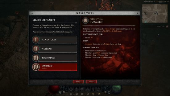The World Tier menu in Diablo 4 endgame builds