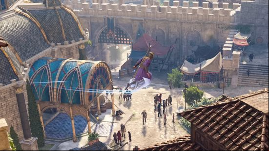 Gale uses a flying spell over a city in Baldur's Gate 3
