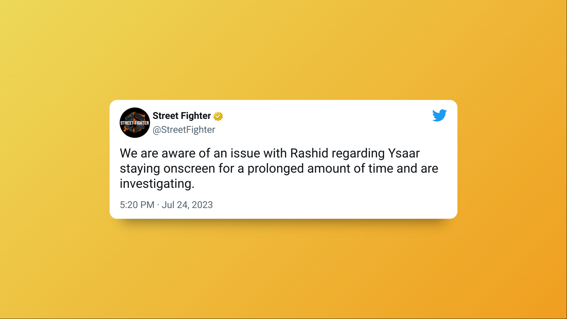 Tweet from Capcom showing they are aware of the Rashid issues