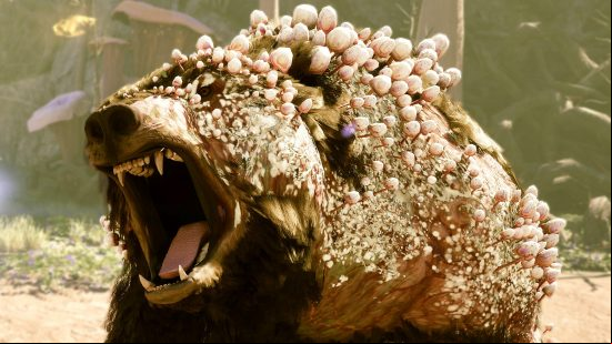 Avowed release date: A bear covered in mushrooms roars in Avowed.