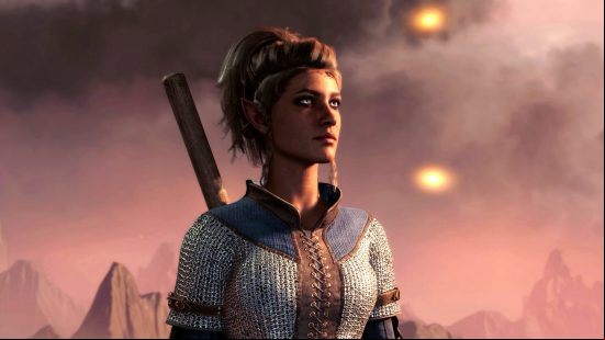 Baldur's Gate 3 best builds: A cleric clad in chainmail stares up at a smoke-flled sky with a sense of wonder and foreboding.