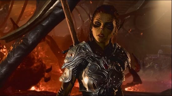 Baldur's Gate 3 best builds: Lae'zel, a Githyanki Fighter, clad in ornate plate armor studded with red jewels, a heavy sword strapped to her back.