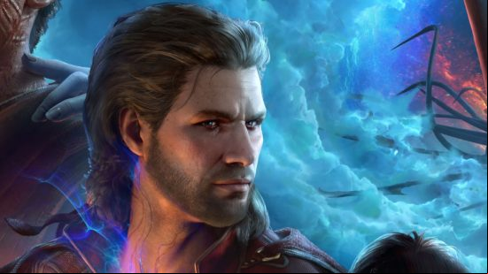 Baldur's Gate 3 companions: a white human male with swept back brown hair and thick stubble.