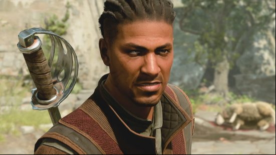 Baldur's Gate 3 companions: a black human male wearing a doublet, carrying a rapier on his back.