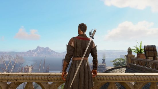 Baldur's Gate 3 Wyll stands looking down over a balcony across a vast landscape