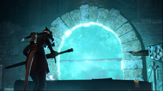 A character stands before an adamantine forge emanating a magical blue light, poised to throw a greatsword into the flames for Baldur's Gate 3 crafting.