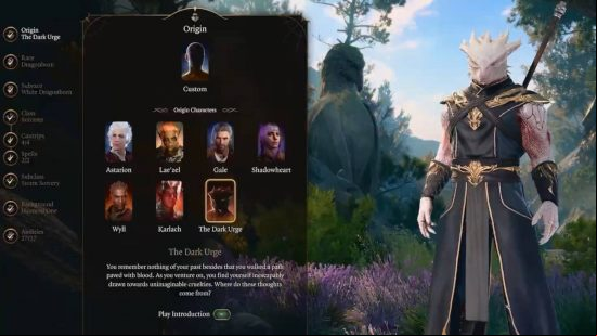 The character creation screen creating a Dragonkin character with the Baldur's Gate 3 Dark Urge origin.