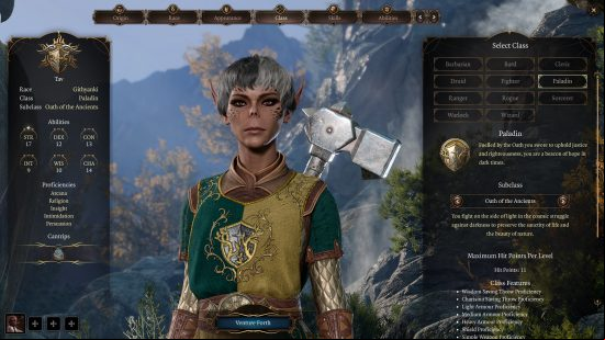 Baldur's Gate 3 Githyanki: an orc-like female with a short haircut stands with a large hammer attached to her back.