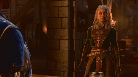 Baldur's Gate 3 Jaheira stands on a step engaging in dialogue with an unseen character