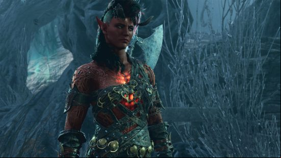 Baldur's Gate 3 Karlach wields a greataxe and stands clad in black armor