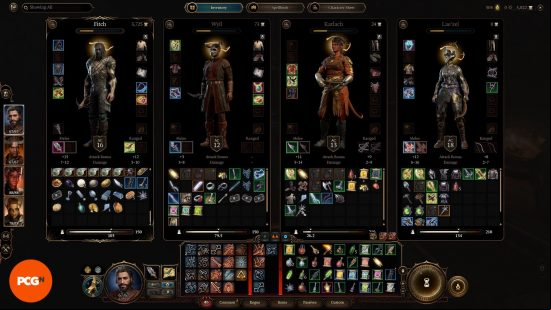 Baldur's Gate 3 leveling: the inventory of each of the four party  of Baldur's Gate 3.