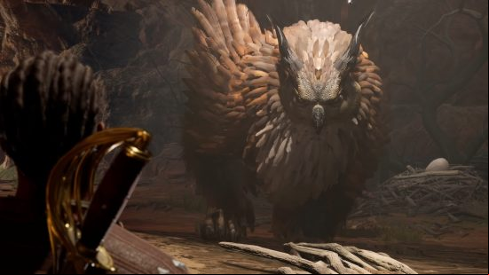 baldurs gate 3 wyll approaches an owlbear in the owlbear nest