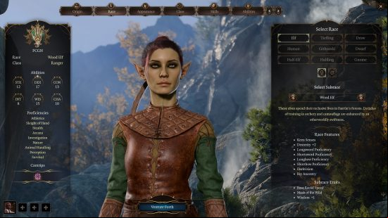 Baldurs Gate 3 Ranger build: a female elf character wearing leather armor.