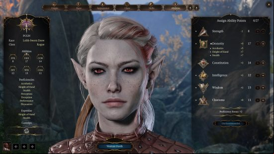 Baldur's Gate 3 Rogue build: a grey-skinned woman with pointed ears wearing light leather armor and carrying a bow on her back.