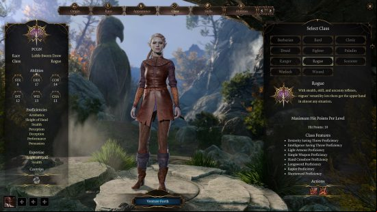 Baldur's Gate 3 Rogue build: a grey-skinned woman with pointed ears wearing light leather armor and carrying a bow on her back.