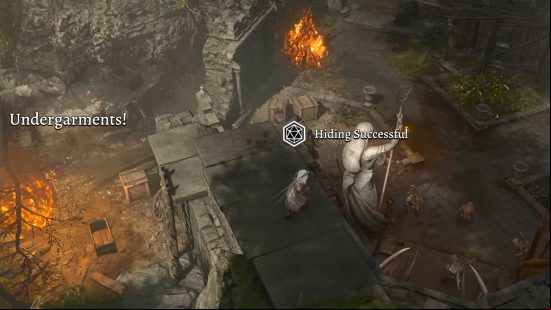 baldurs gate 3 rogue hiding from goblins on a rooftop