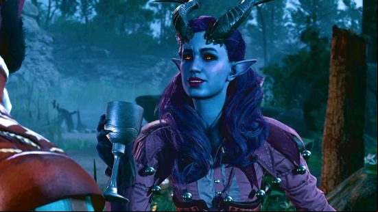 Baldur's Gate 3 Tiefling: a blue-skinned tiefling with piercing orange eyes holds a metal goblet 