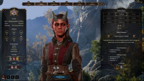 Baldur's Gate 3 Warlock build: a female with bright red skin and horns.